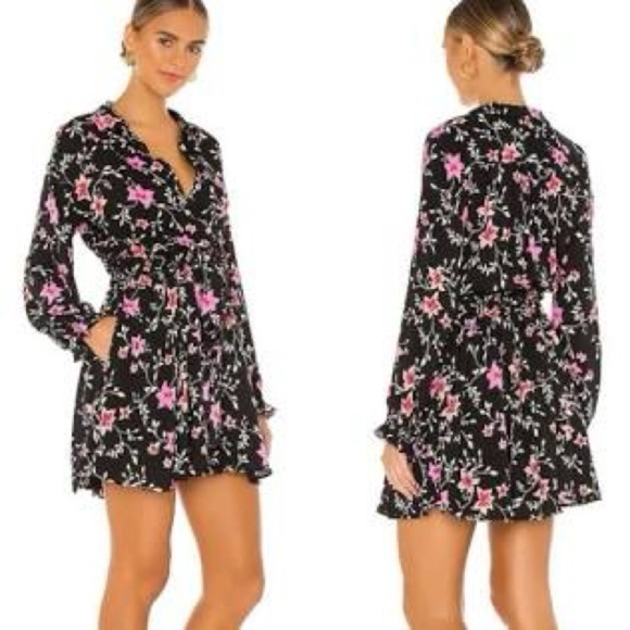 Free people lighten up black floral button front tie waist mini dress small - Picture 1 of 12